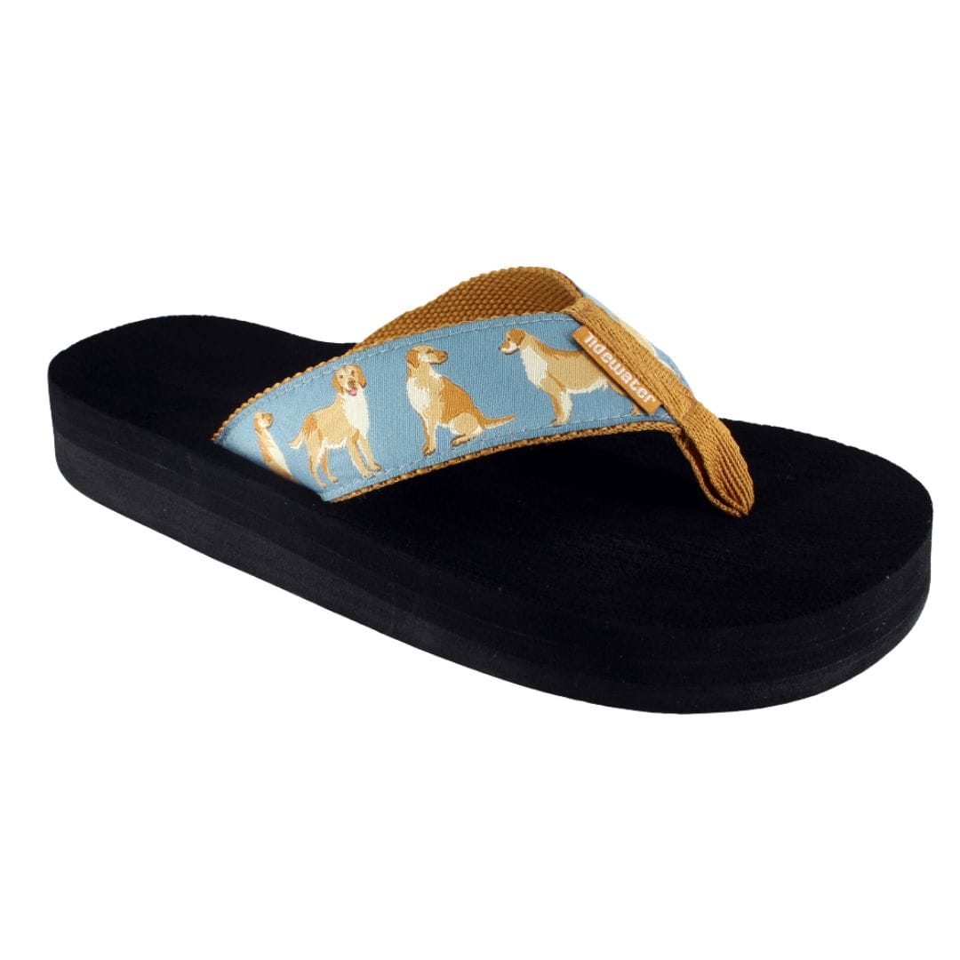 Tidewater Sandals featuring a fun design of golden retrievers on a blue strap, perfect for casual summer wear.
