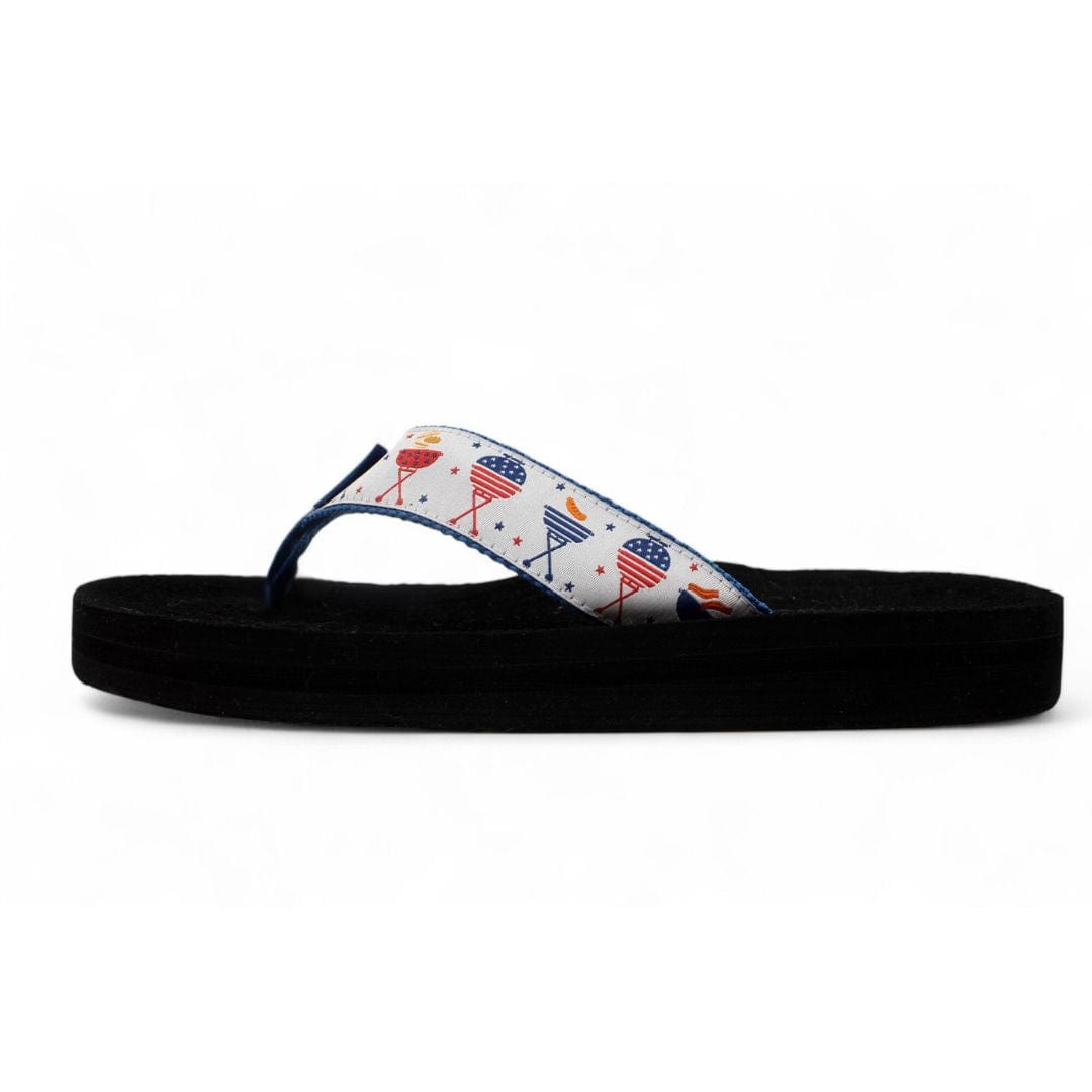 Flip-flop sandal with American flag pattern on a white background