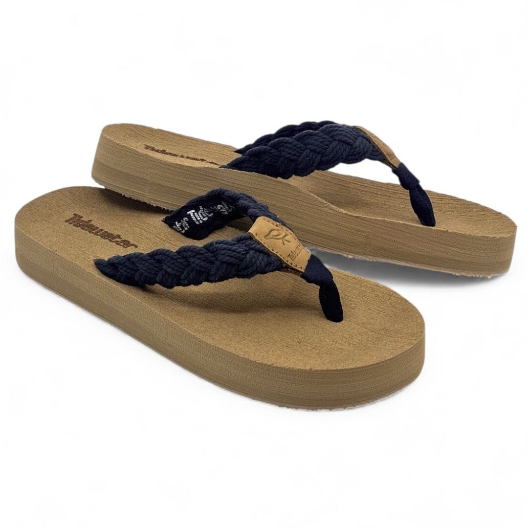 Navy braided flip-flops with a comfortable footbed, perfect for casual summer outings and beach days.