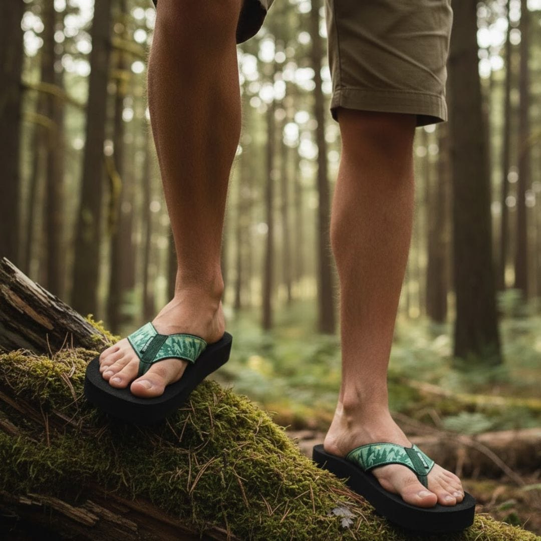 Men's Bigfoot and Co. sandals on a forest trail, featuring a green design, perfect for outdoor adventures and comfort.