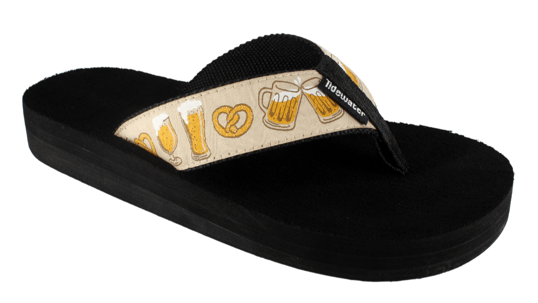 Black sandal with a decorative strap featuring beer-themed graphics on a white background