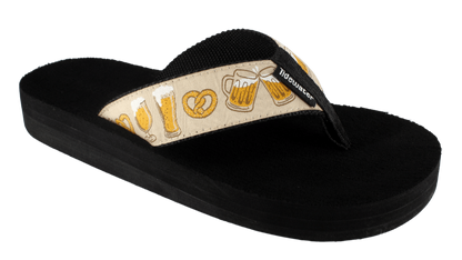 Black sandal with a decorative strap featuring beer-themed graphics on a white background