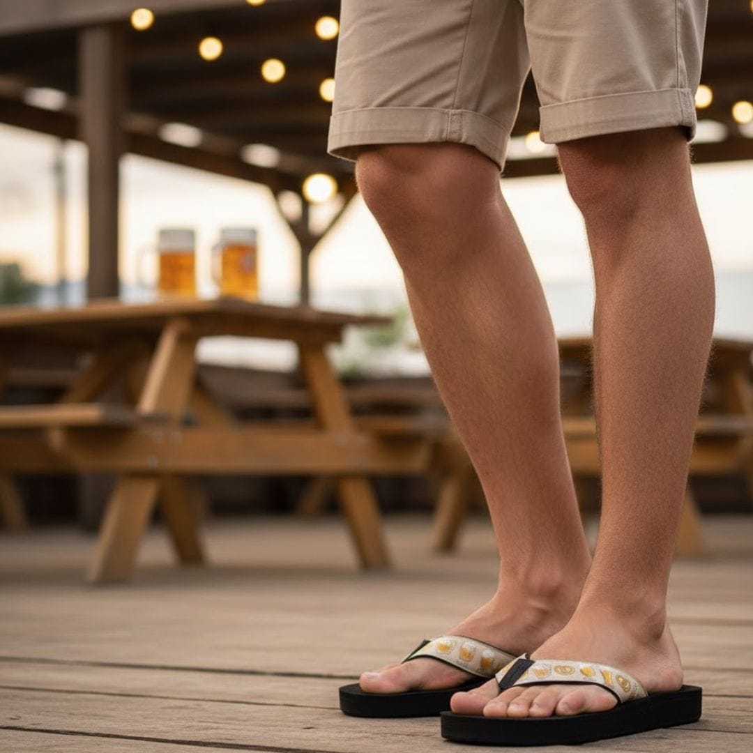 Men's Tidewater Sandals with a fun pints and pretzels design, perfect for casual outings and summer gatherings.