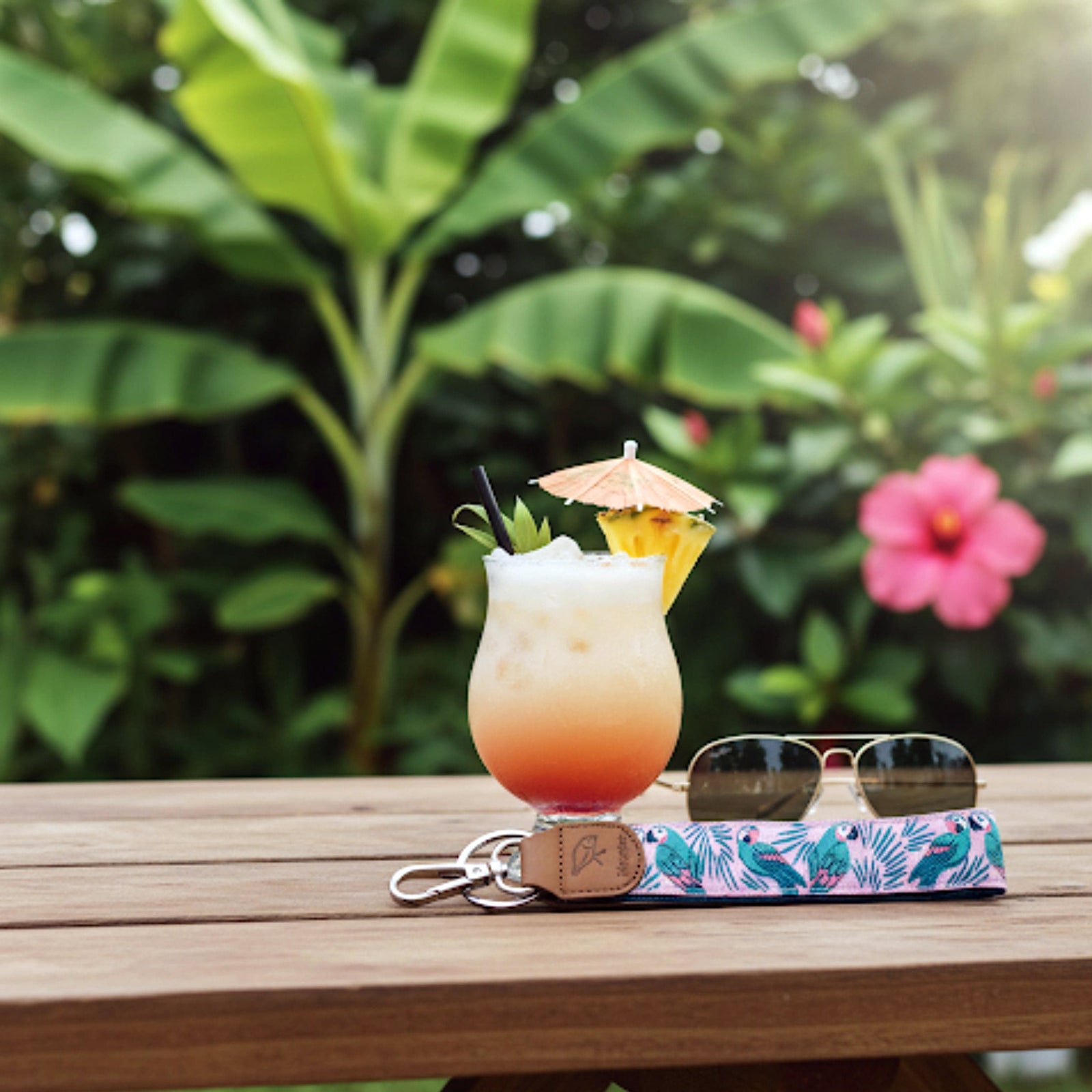 Colorful Parrotville keychain beside a tropical drink and sunglasses on a wooden table, set against lush greenery.