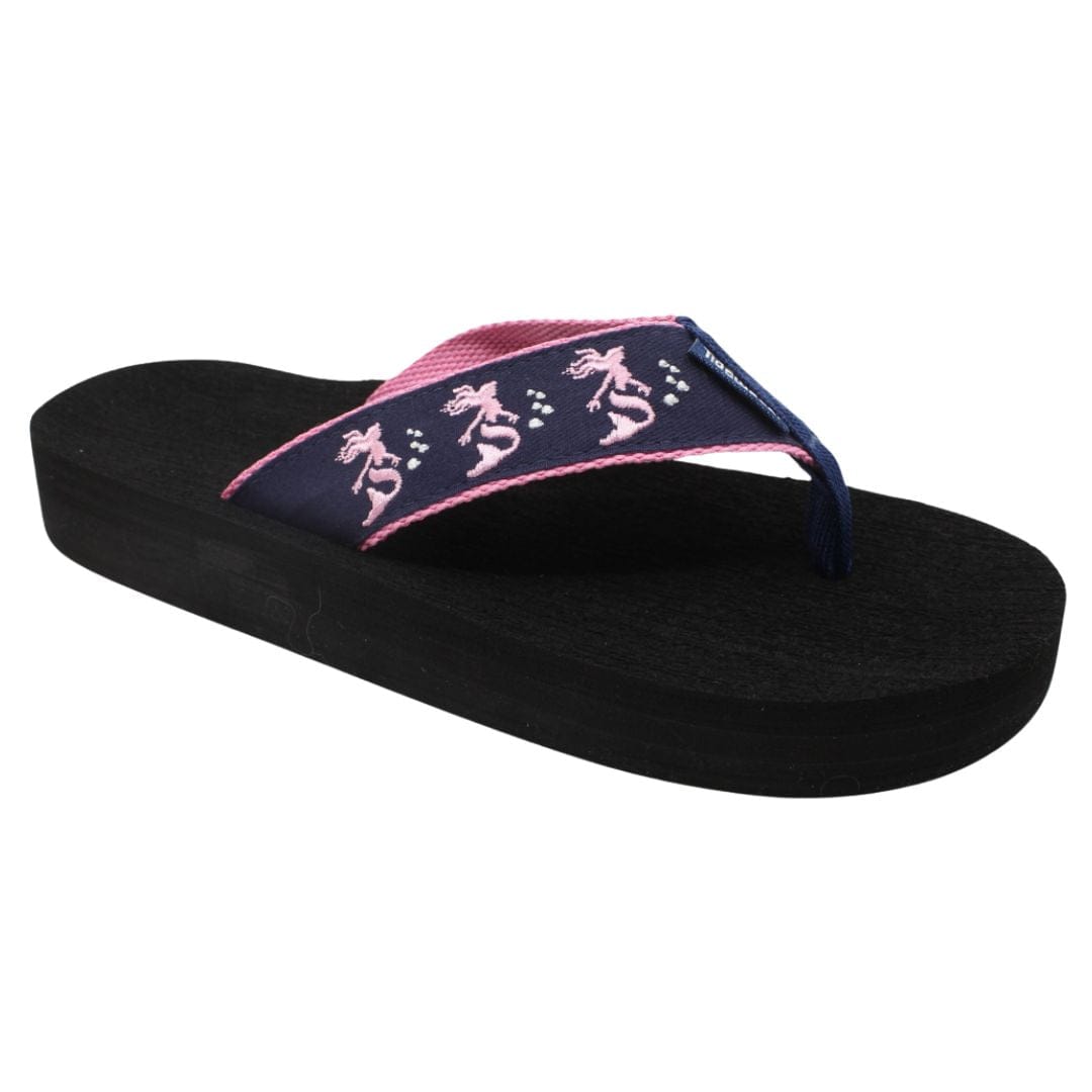 Pink Mermaid flip-flops featuring a navy strap with pink mermaid designs and a comfortable black sole for casual wear.