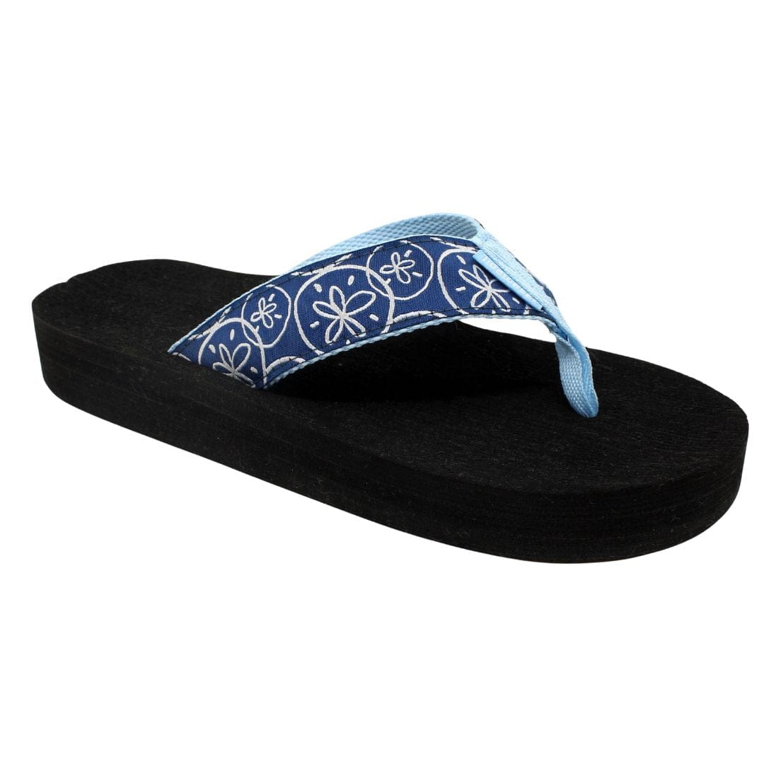 Comfortable flip-flop featuring a blue floral strap and a black sole, perfect for beach or casual outings.