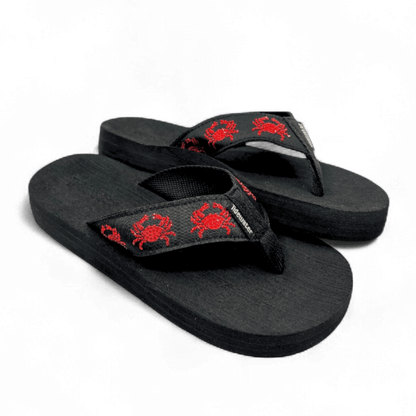 Black flip flops with red embroidered crab design on black straps and contoured black footbed

