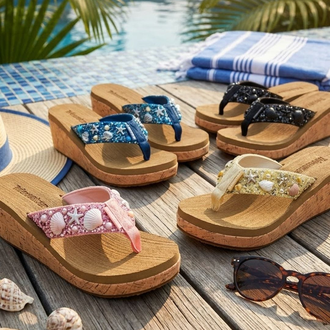 Four wedge flip-flop sandals with cork-look soles and seashell-patterned straps are arranged on a wooden deck by a pool. The sandals come in blue, black, pink, and beige/cream colorways, with a folded blue striped towel, sunglasses, and seashells nearby.