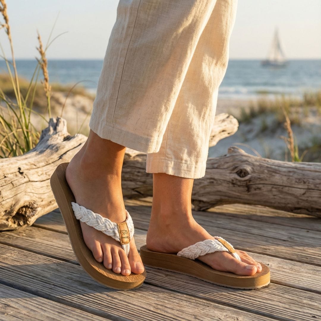 Tide Shoes ホワイト/アクア シューズ Harbor White by Tidewater Sandals | Braided White Rope Flip Flops