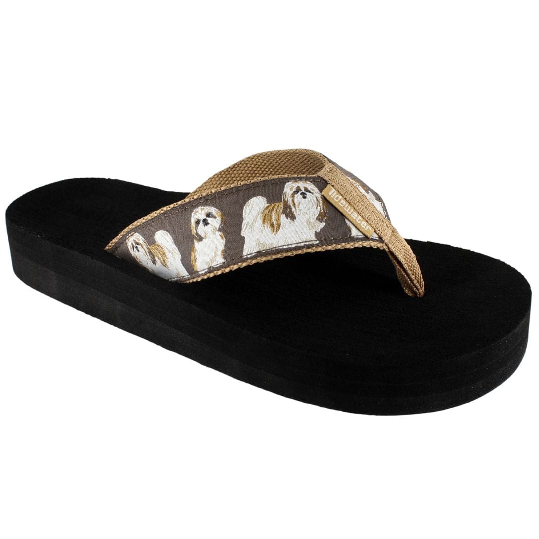 Flip-flop featuring a Shih Tzu design on a brown strap, with a black sole for comfort and style.