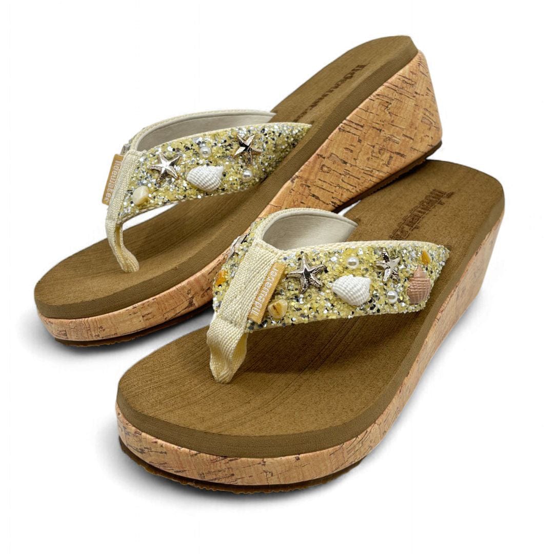 Embellished wedge flip flops for women with seashell, starfish, and pearl accents on cork platform